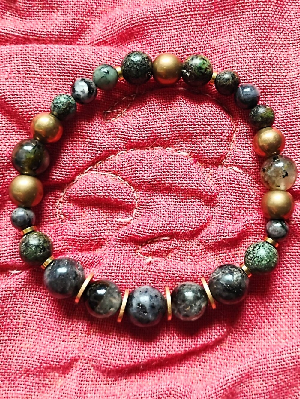 Chunky Black Moonstone, African Turquoise, and Prehnite Stretch Bracelet